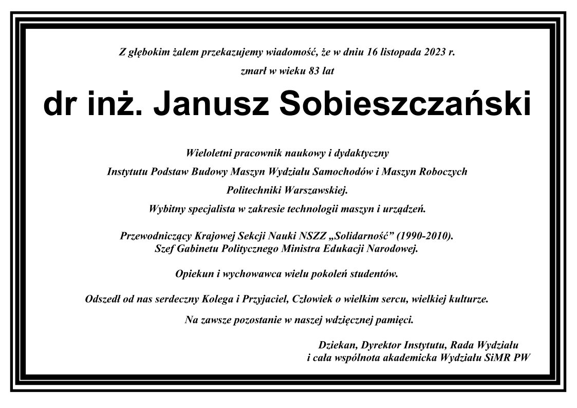 Zmarł Dr Inż. Janusz Sobieszczański | Politechnika Warszawska Wydział ...